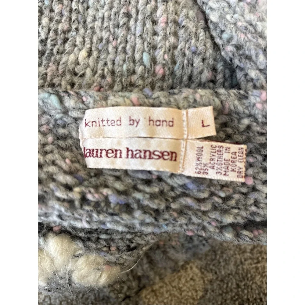 Vtg Lauren Hansen‎ Women L Chunky Hand Knit Wool Sweater Gray 3/4 Sleeve - Picture 7 of 9